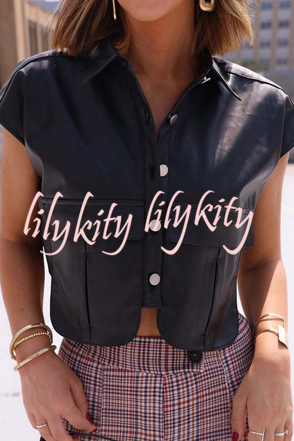 Fashion Faux Leather Pocket Sleeveless Cropped Jacket
