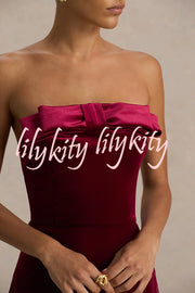 Illusion Velvet Bandeau neck Bow detail Stretch Maxi Dress