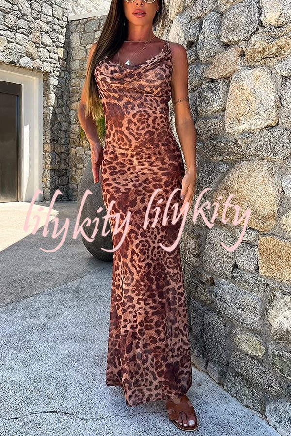 Leopard Print Sexy Strap Holiday Cover Up Maxi Dress