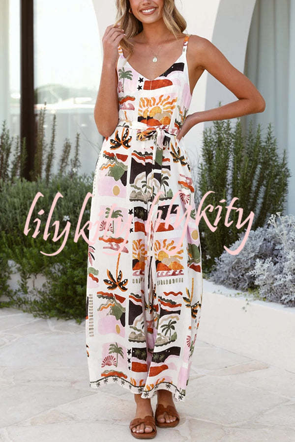 Unique Beach Vacation Print V-neck Suspenders Casual Wide-leg Jumpsuit