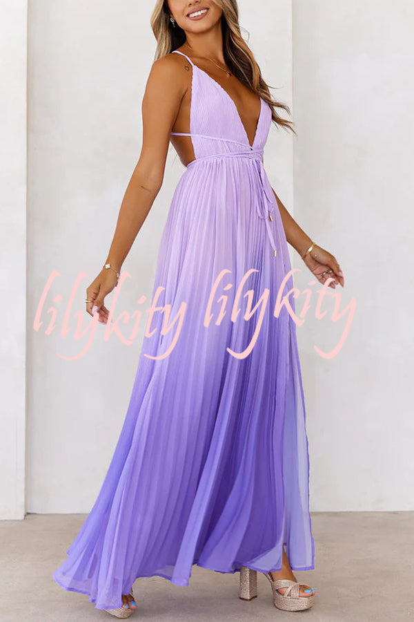 Love Letter To You Pleated Gradient Print Back Tie-up Slit Maxi Dress