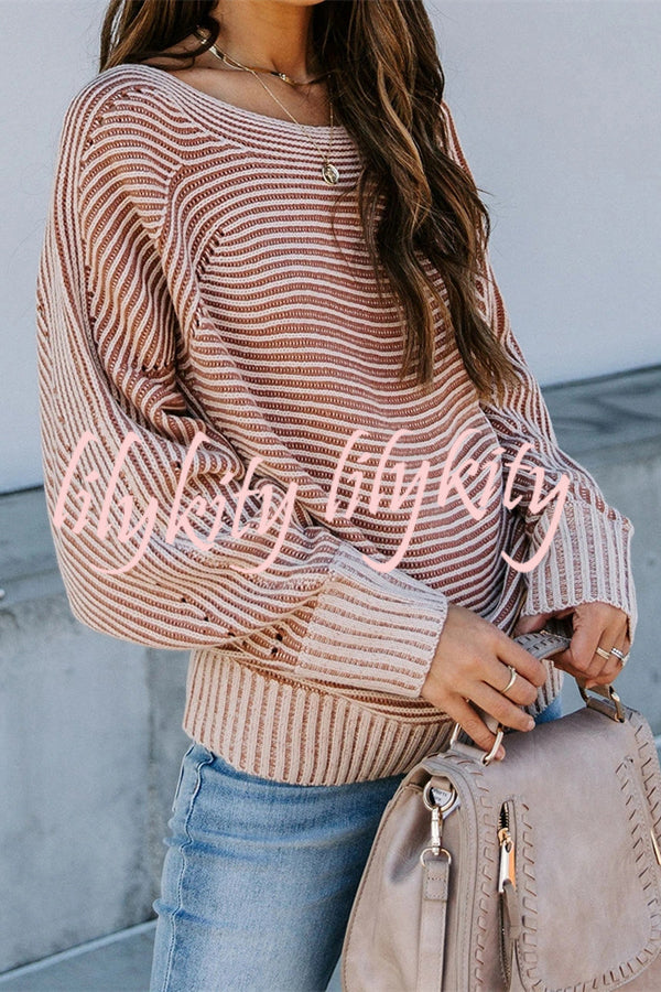 Knitted Striped Round Neck Dolman Sleeve Casual Loose Sweater