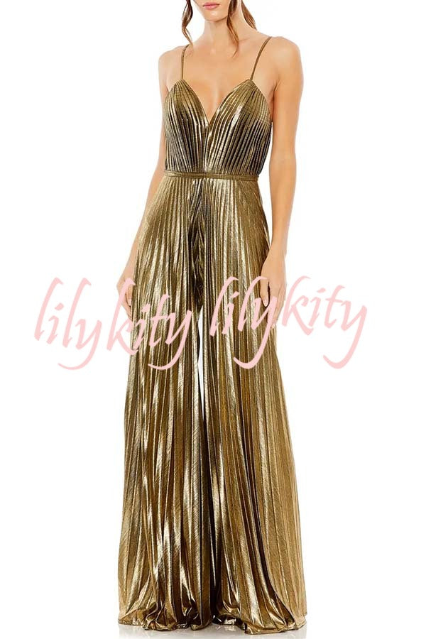 Disco Fashion Metallic Fabric Pleated Pocket Slip Wide Leg Jumpsuit