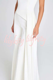 Pippa High Neck Short Sleeve Irregular Drape Hem Top and Elastic Waist Flare Pants Set