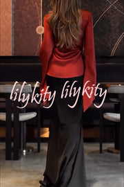 Jenny Satin High Rise Elastic Waist Flare Maxi Skirt