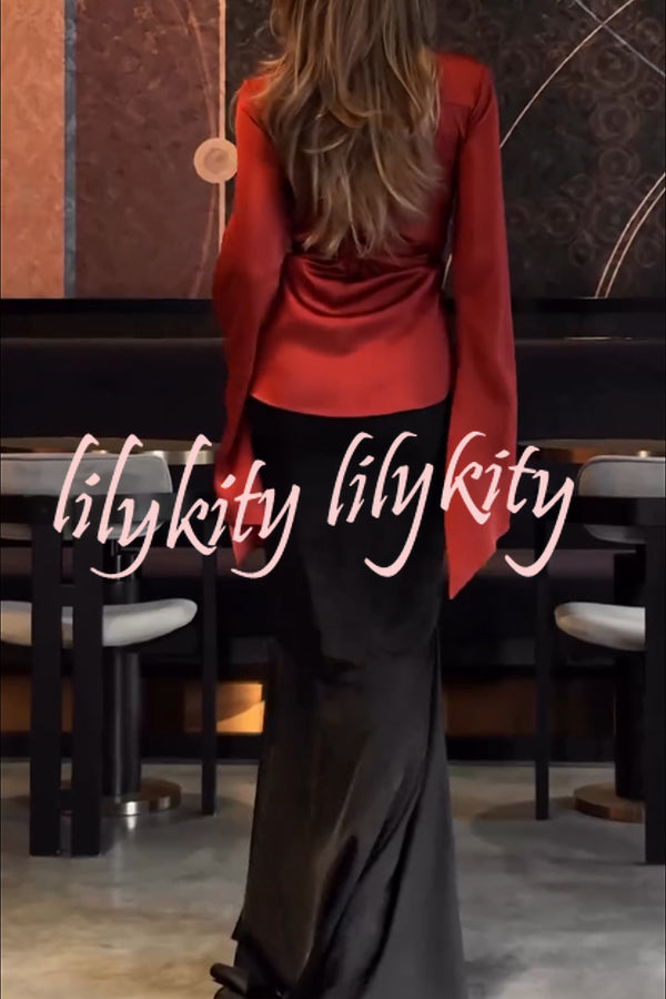 Jenny Satin High Rise Elastic Waist Flare Maxi Skirt