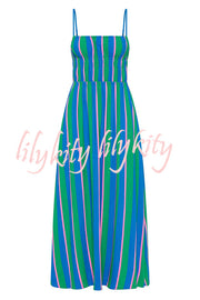 Gigi Linen Blend Stripe Elastic Bodice Pocket Loose Midi Dress