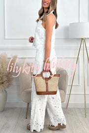 Delighted Embroidery Floral Hollow Lace Shirt-neck Vest and Wide Leg Pants Set