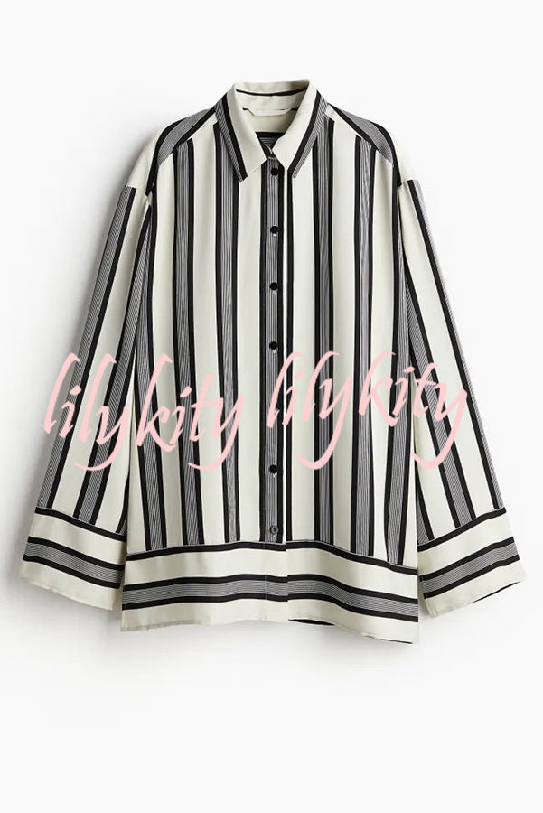 Lifetime of Happiness Striped Long Sleeve Loose Shirt and Elastic Waist Pocket Pants Set