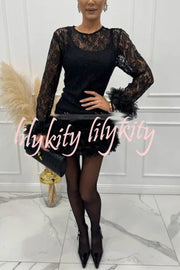 Alyssa Lace Fabric Tulle Layered Petals Trim Long Sleeve Mini Dress