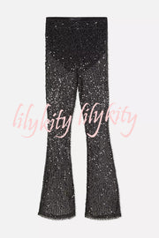 Gorgeous Looks Semi Sheer Sequin Elastic Waist Flare Pants