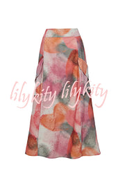 Laylin Wide Sleeve Shirt and Watercolor Print High Waist Drape Pocket Maxi Skirt Set