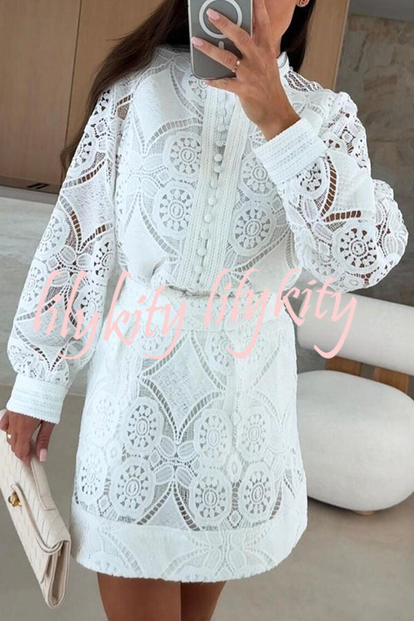 Unique Crochet Lace Long Sleeve Button Blouse and High Rise Skirt Set