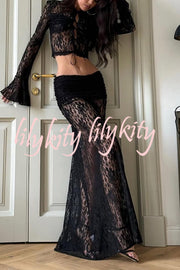 Sexy Lace Long-sleeve Lace-up Top and Pleated Sheer Maxi Skirt Set