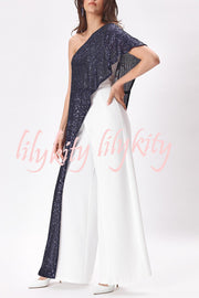 Party Favors Sequin One Shoulder Ruffle Detail Wide Leg Evening Jumpsuit