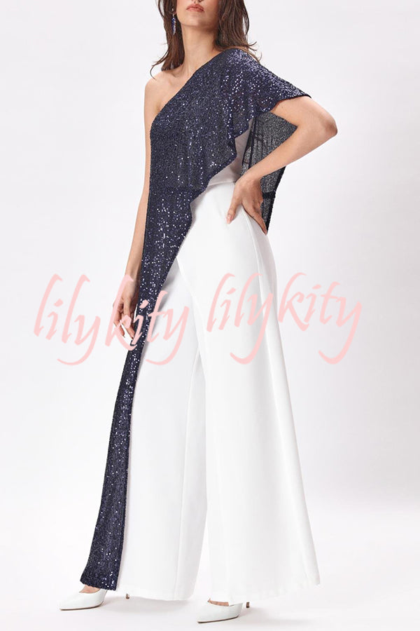 Party Favors Sequin One Shoulder Ruffle Detail Wide Leg Evening Jumpsuit