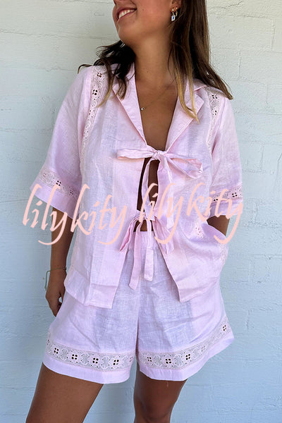 Celebrate Vacation Linen Blend Lace Splicing Tie-up Shirt and Elastic Waist Pocketed Shorts Set