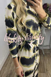 Kiele Unique Print Turtleneck Twist Detail Long Sleeve Stretch Midi Dress