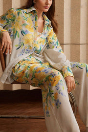 Floral Print Lapel Long Sleeve Shirt and Elastic Waist Pocket Casual Wide Leg Pants Set