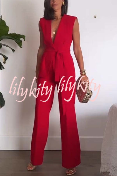 Keep It Classic V-neck Belted Vest and Mid Rise Pocket Wide Leg Pants Set
