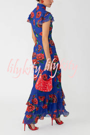 Cheongsam Style Rose Print Layered Trumpet Sleeves Stand Collar Maxi Dress