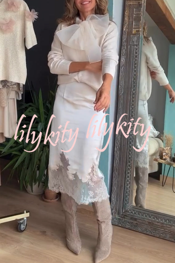 Orozco Knit Organza Bow Button-down Long Sleeve Loose Cardigan