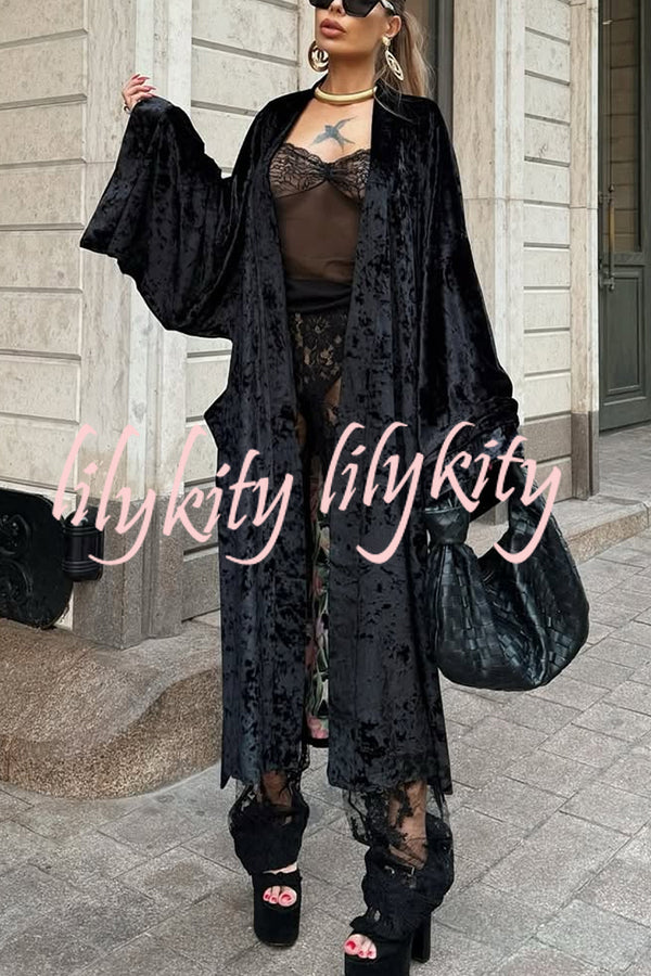 Gorgeous Glossy Velvet Long Bell Sleeve Tie-up Pocket Midi Kimono Coat