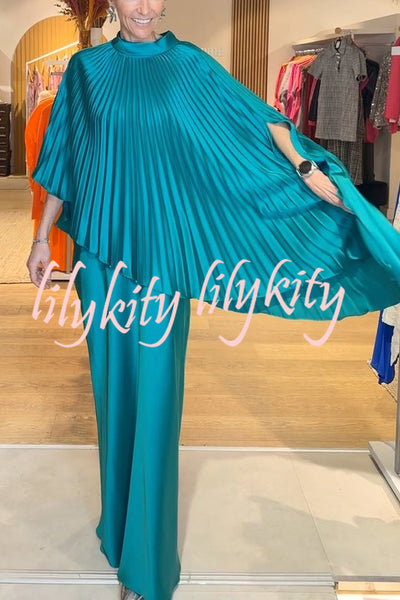 Lily Satin Solid Color Pleated Loose Cape and Elegant Maxi Skirt Set