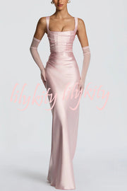 Calanthe Satin Square Neck Ruched Back Lace-up Drape Mesh Scarf Maxi Dress