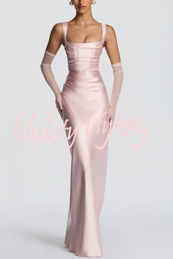 Calanthe Satin Square Neck Ruched Back Lace-up Drape Mesh Scarf Maxi Dress