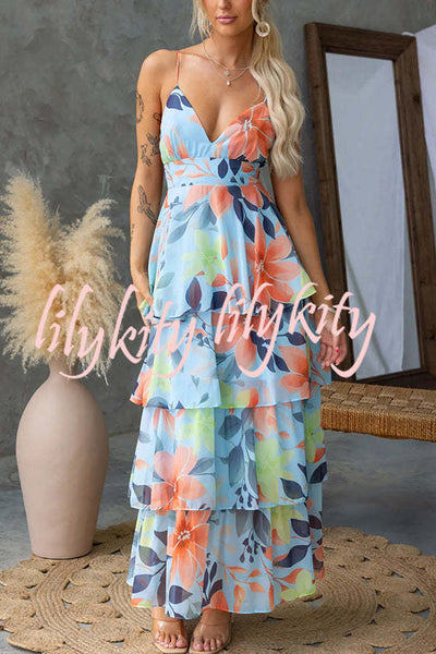 Dreamy Destiny Floral Print Elastic Back Tiered Maxi Dress