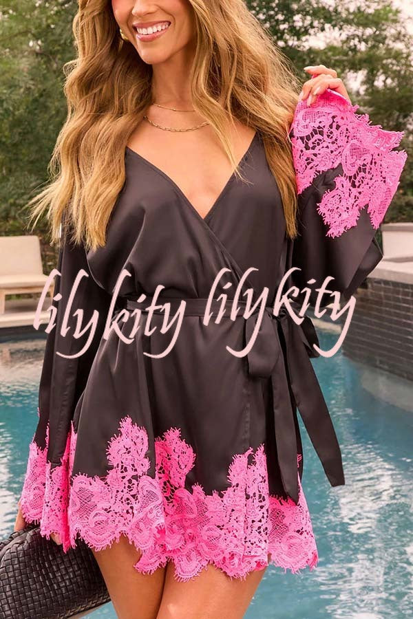 Joyful Bond Satin Lace Trim Contrast Color Bell Sleeve Tie-up Kimono Mini Dress