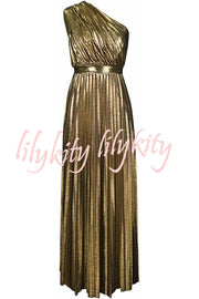 Be My Guest Metallic Fabric Pleated One Shoulder Maxi Dress