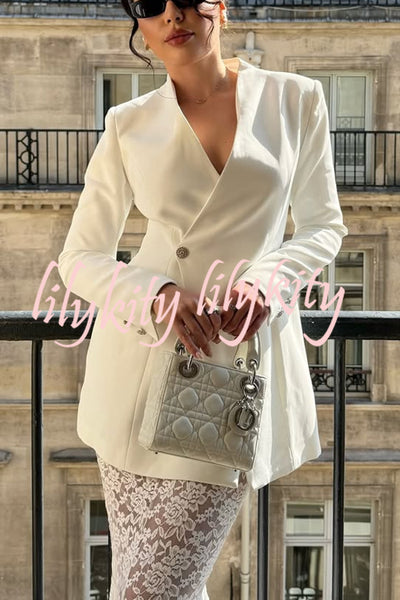 Poetic Muse Stand V-neck Rhinestone Button Up Long Sleeve Blazer