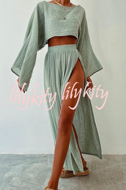 Boho Beach Linen Blend Wide Sleeve Blouse and Elastic Waist Double Slit Skirt Set