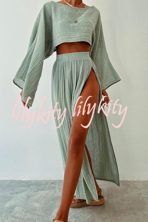 Boho Beach Linen Blend Wide Sleeve Blouse and Elastic Waist Double Slit Skirt Set