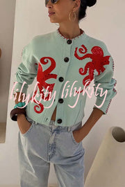 Coastal Fashion Knit Octopus Graphic Contrast Piping Button Up Loose Cardigan