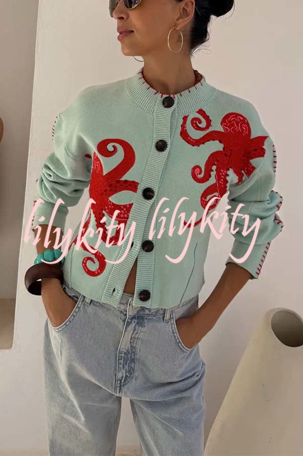 Coastal Fashion Knit Octopus Graphic Contrast Piping Button Up Loose Cardigan