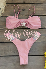 Solid Color Metal Starfish Embellished Stretch Bikini Swimsuit