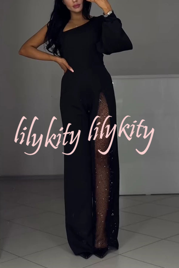 Fashionable Oblique Shoulder One-sleeve Sexy High Slit Slim Jumpsuit