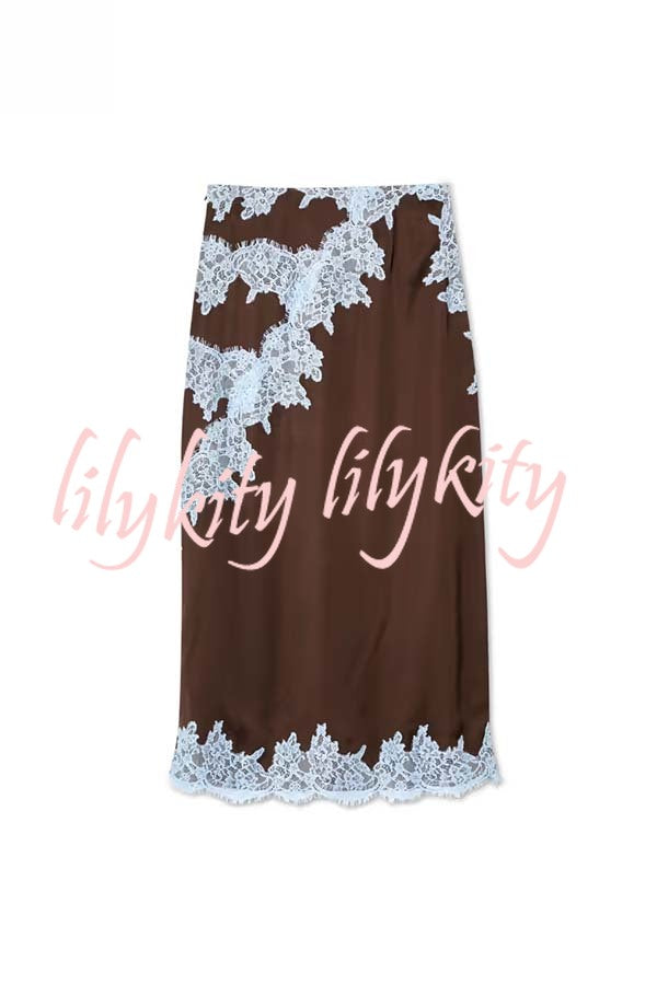 Sunday Social Contrast Color Satin Lace Trim Mid Rise Maxi Skirt
