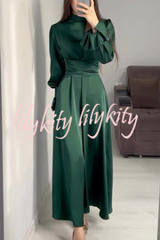 Solid Color Ruffled Sleeves Waisted Tie Slim Fit Maxi Dress