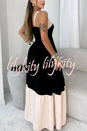 Fashionable Contrast Color Stitching Sling Maxi Dress