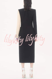 Love Unfolded Contrast Color Side Bow Tie-up Long Sleeve Slit Midi Dress