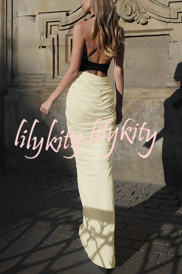 Fashionable Contrast Color Open Back Side Pleated Draped Maxi Dress