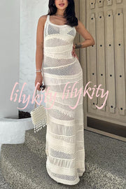Solid Color Knit Hollow Crew Neck Sleeveless Beach Cover Up Maxi Dress