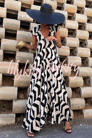 Fresh Breeze Ethnic Unique Print Ruffle Sleeve A-line Maxi Dress