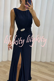 Pretty Special Pleated Embellished Slit Evening Maxi Dress