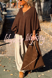 Fashion V-neck Loose Pocket Mid-length Knitted Sweater