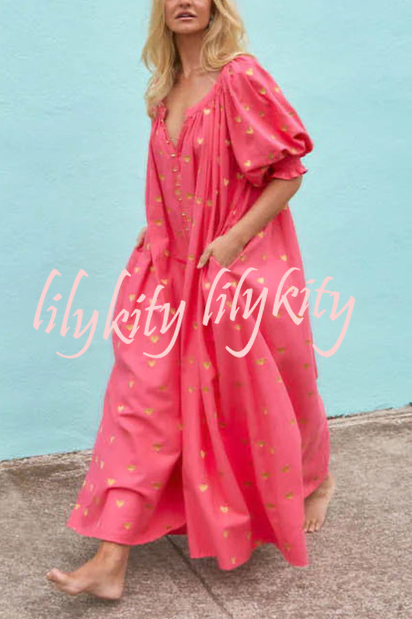 Valentine's Day Gold Heart Print Puff Sleeve Button Pocketed Loose Maxi Dress